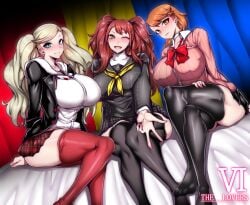 3girls absurd_res absurdres alternate_costume alternate_version_available ann_takamaki atlus bed big_breasts blonde blonde_female blonde_hair blue_eyes breasts breasts_bigger_than_head brown_eyes brown_hair brown_hair_female clothed clothed_female clothing female female_focus female_only gggg hi_res highres huge_breasts kujikawa_rise large_breasts light-skinned_female light_skin lingerie long_hair long_hair_female looking_at_viewer lovers_arcana megami_tensei multiple_girls persona persona_3 persona_4 persona_5 pink_sweater school_uniform sega short_hair short_hair_female skirt sweater thick_thighs thighhighs trait_connection twintails uniform yukari_takeba