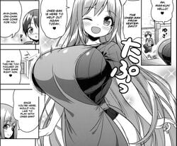 apron big_breasts comic cute english_text huge_breasts long_hair lowres monochrome onee-san_ni_amaetai othello_ice risa_misarikawa_(shuz) shuz shuz_(dodidu) sister