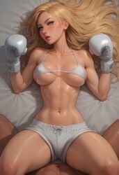 1boy 1boy1girl 1girls ai_generated athletic_female belly_button bikini blonde_hair blue_eyes blush boxing boxing_gloves boxing_ring bra breathing defeated dominant_male domination erect_nipples exhausted female/male fit fit_female joeblowrrr_(artist) light-skinned_female light_skin lipstick long_hair looking_at_viewer lying lying_down lying_on_back male male/female male_pov micro_bikini mixed_boxing navel nipples_visible_through_clothing original original_character shorts spread_legs sweat sweating thick thick_hips thick_legs thick_lips thick_thighs tired tired_expression tired_look useless_clothing waist white_boxing_gloves wide_hips wide_thighs