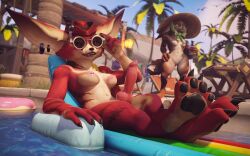 3d 3d_(artwork) animal_genitalia anthro breasts canine_penis casual erection female furry futanari hat headwear intersex knot lounging naked nipples nudist pawpads penis pool pussy red_body small_breasts striped_body stripes sunglasses tagme vixenpeeks vulpera vulpera_female vulpera_futa warcraft world_of_warcraft