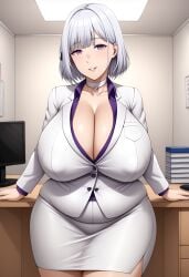 1girls ai_generated bangs blush breasts business_suit button_down_shirt chocker choker cleavage collarbone covered_nipples eyebrows_visible_through_hair female formal girls'_frontline huge_breasts indoors looking_at_viewer mature_female milf miniskirt parted_lips pencil_skirt plump purple_eyes purple_shirt rpk-16_(girls'_frontline) rpk-16_(renate)_(girls'_frontline) sagging_breasts self_upload shirt short_hair silver_hair skirt skirt_suit smile suit thighs white_suit yoshi_tama_(style)