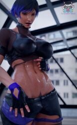 3d abs athletic athletic_female bandit3dx bare_midriff blue_hair busty female female_focus female_only hourglass_figure muscle_tone namco navel pubes pubic_hair pubic_hair_peek reina_mishima sweat tagme tekken tekken_8 toned toned_female wide_hips