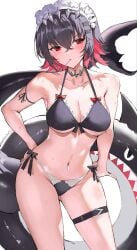 1girls big_breasts bikini black_hair bow ellen_joe female maid_headdress mihoyo mihoyo_technology_(shanghai)_co._ltd. necklace red_eyes red_hair shark tail thick_thighs thigh_strap thighs victoria_housekeeping zenless_zone_zero