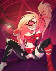 1_eye 1girls 2020 blonde_hair bomb boots bra_strap breasts cherri_bomb cyclops demon demon_girl female female_only hazbin_hotel leggings legs_apart long_hair looking_at_viewer malcontentus monster_girl no_panties ponytail pussy red_background red_eyes ripped_clothing sharp_teeth skirt smile straight_hair vivienne_medrano white_skin