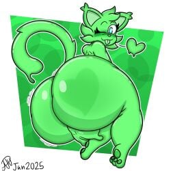 2025 absurd_res anthro ass balls big_butt blush blush_lines butt_focus digital_drawing_(artwork) digital_media_(artwork) domestic_cat felid feline felis genitals goo_creature green_body green_tail heart_symbol hi_res looking_at_viewer looking_back looking_back_at_viewer male mammal one_eye_closed pawpads raised_tail randompersonguy solo tail thick_thighs tongue tongue_out wink winking_at_viewer