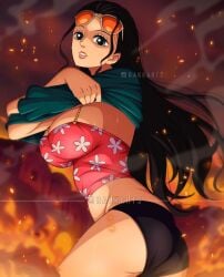 1girls black_hair booty bra dress dress_lift female female_only long_hair nico_robin one_piece pants punk_hazard rakara11 sunglasses taking_clothes_off undressing