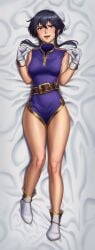 1girls absurdres areola_slip assertive_female bed bed_sheet belt blush boots breasts commission earrings female female_only fire_emblem fire_emblem:_genealogy_of_the_holy_war gloves highres holding holding_clothes jewelry larcei_(fire_emblem) looking_at_viewer lying mangho nintendo on_back on_bed open_mouth pubic_hair purple_tunic sideboob sidelocks smile smug solo thighs tunic unworn_clothes