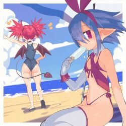 ass beach beachside behind_view bikini detached_collar disgaea disgaea_1 elbow_gloves etna female hair_over_one_eye ice_cream inkuusan nippon_ichi_software one-piece_swimsuit pleinair pointy_ears seaside swimsuit thick_ass thighhighs