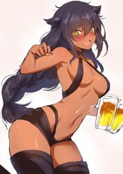 1girls beer_mug black_footwear blush boots breasts cleavage contrapposto cowboy_shot dark-skinned_female dark_skin female female_only hair_between_eyes hair_flaps halterneck highres jahy jahy_sama_wa_kujikenai! long_hair looking_at_viewer m-da_s-tarou medium_breasts navel o-ring o-ring_top oerba_yun_fang open_mouth revealing_clothes short_shorts shorts simple_background sketch slit_pupils solo sweatdrop thigh_boots thighhighs yellow_eyes