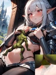 ai_generated angry_face animated armor armored_female belly_button belly_button_penetration cum_in_belly_button cum_in_navel elf elf_female elf_girl fantasy goblin goblin_male hip_focus hips low_rise midriff midriff_baring_shirt midriff_focus navel navel_fetish navel_fuck navel_penetration red_eyes size_difference size_play strange_insertion tagme thong_straps video warrior white_hair white_skin