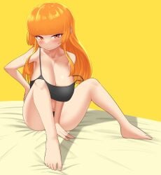 1girls bed_sheet breasts cleavage feet huge_breasts human kaori_(splatoon) light-skinned_female light_skin long_hair nintendo nobunagapero orange_eyes orange_hair splatoon strap_slip tagme tank_top thick_thighs wide_hips