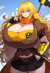 ai_generated big_breasts blonde_hair cleavage giant_breasts huge_breasts hyper_breasts large_breasts massive_breasts miniskirt rwby solo solo_focus thick_thighs yang_xiao_long