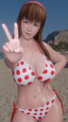 1girls 3d beach big_breasts bikini blue_eyes breasts brown_hair busty dead_or_alive dead_or_alive_xtreme_beach_volleyball dom3d female female_focus female_only hitomi_(doa) hourglass_figure human large_breasts light-skinned_female light_skin outdoors outside sand solo straight_hair v v_sign water wide_hips