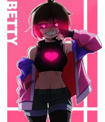 bete_noire betty_noire black_thighhighs blue_pants brown_hair glitchtale jacket pants pink_background pink_eyes pink_hair pink_jacket purple_jacket rageman709 sharp_teeth short_hair thighhighs white_background