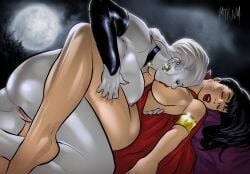 2girls big_breasts black_hair breasts dynamite_comics female grey_skin lady_death metrinomealpha multiple_girls nipple_play nipples pussy sucking_nipples vampirella vampirella_(series) white_hair yuri