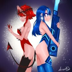 2girls ass_press big_ass big_breasts blaster bloodbath blue_eyes blue_hair curvaceous curvy cyclea demon_horns demon_tail deuce_jeuce geometry_dash leotard light-skinned_female long_hair medium_ass medium_breasts painted_nails red_eyes red_hair short_hair sonic_wave