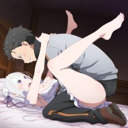 1boy 1girls ai_generated aivime dressed emilia_(re:zero) female long_hair male missionary_position natsuki_subaru purple_eyes re:zero_kara_hajimeru_isekai_seikatsu vaginal_penetration vaginal_sex white_hair