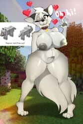 anthro areola big_areola big_breasts black_eyebrows black_nose bone bone_in_mouth breasts canid canine canis collar collar_only collar_tag dialogue digital_media_(artwork) eyebrows eyelashes featureless_crotch female forest forest_background foxgumie fur gesture grey_areola grey_body grey_eyes grey_fur grey_nipples grey_pawpads hair heart_symbol hi_res lips mammal microsoft minecraft mojang nature nature_background nipple_dip nipples nude one_eye_closed open_mouth outdoor_nudity outside pale_wolf_(minecraft) pawpads plant pubes red_collar reference_image solo tan_body tan_fur thick_bottom_lip thick_eyelashes thick_thighs tree waving white_body white_fur white_hair white_sclera wide_hips wink wolf wolf_(minecraft) xbox_game_studios