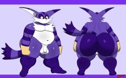 anthro ass balls belly big_butt big_the_cat cherryfox73 domestic_cat felid feline felis fur genitals hi_res huge_butt looking_at_viewer male male/male mammal nude overweight overweight_male purple_body purple_fur sega simple_background solo sonic_(series) sonic_the_hedgehog_(series) tail thick_thighs wide_hips