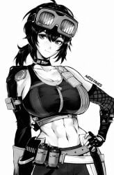 abs belly belly_button big_breasts black_hair crop_top female_abs grace_howard hand_on_hip hoyoverse large_breasts mechanic midriff missfaves muscular smiling smiling_at_viewer sole_female zenless_zone_zero