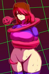 akumu_(glitchtale) background background_sex bete_noire betty_noire brown_hair glitchtale kumu pink_eyes pink_hair pink_sweater purple_sweater purple_thighhighs pussy short_hair sweater thighhighs thighs yazu_(artist)