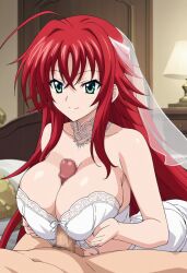 ai_generated big_ass big_breasts breasts enormous_breasts faceless_male girlfriend green_eyes high_school_dxd hyoudou_issei large_ass large_breasts large_legs long_hair paizuri red_hair rias_gremory soft_heat titjob wedding_dress