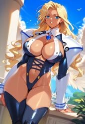 1girls 2d ai_generated bastard!! big_breasts blonde_hair blue_eyes bodysuit castle cleavage dark-skinned_female long_hair michael_(bastard!!) outdoors solo solo_female solo_focus standing tagme thighhighs