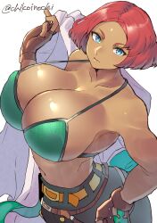 1girls big_breasts bikini bikini_top_only blue_eyes breasts chikoinochi cleavage dark-skinned_female dark_skin facial_mark female female_focus fingerless_gloves forehead_mark giovanna_(guilty_gear) gloves guilty_gear guilty_gear_strive highres huge_breasts looking_at_viewer red_hair red_head short_hair solo tagme unworn_shirt