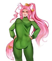 1girls cock_outline erect erection erection_under_clothes futanari green_bodysuit green_eyes huge_balls huge_cock hyper_penis oc original original_character pink_hair pizzayola rebecca_packard small_breasts smile smiling_at_viewer smug smug_face smug_grin the_city_of_reygarth wolf_ears wolf_girl wolf_tail