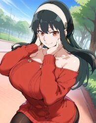 ai_generated big_breasts black_hair breasts earrings hairband large_breasts long_hair milf mommy mother red_eyes spy_x_family sweater very_long_hair yor_forger zenzen