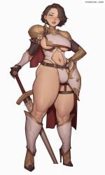 1futa 2d 2d_(artwork) 2d_artwork armor asura_(artist) big_breasts black_hair blue_eyes breasts bulge clothed clothing futa_only futanari hair heels human light-skinned_futanari light_skin mostly_nude oc original original_character penis short_hair solo solo_futa sweat sweaty sword thick_thighs weapon white_background