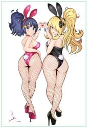 2girls ass black_leotard blonde_hair blue_eyes blue_hair breasts bunny_ears bunny_tail choker cynthia_(pokemon) dawn_(pokemon) fake_animal_ears fake_tail fishnets grey_eyes hair_ornament hair_over_one_eye hand_heart high_heels large_breasts leotard looking_at_viewer megaserlex milf nintendo pink_leotard playboy_bunny pokemon pokemon_dppt ponytail wrist_cuffs