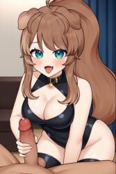 1boy 1girls ai_generated animal_ears animal_tail big_breasts blush breasts brown_hair dog_girl kemonomimi latam_virtual_youtuber lilybell_vt long_hair looking_at_viewer masturbation nude_male pov socks tagme thighs tupadrev4 virtual_youtuber vtuber