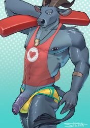 anthro ass athletic athletic_anthro athletic_male athletic_wear balls_bulge balls_outline band-aid band-aid_on_arm bandage biped blue_body blue_fur bottomwear bovid bovine bulge clothed clothing clothing_aside detailed_bulge fishnet_clothing flotation_device foreskin fur gay genital_outline genitals glistening glistening_body glistening_clothing glistening_genitalia glistening_skin half-erect hi_res horn lifeguard looking_at_viewer male mammal mesh_top muscular muscular_anthro muscular_arms muscular_male nipple_piercing nipples partially_clothed partially_retracted_foreskin pecs penis penis_tip piercing speedo statiik_(artist) swimwear tail tail_tuft tight_bottomwear tight_clothing tuft underwear underwear_aside vein veiny_penis wet wet_body wet_clothing whistle_(object) whistle_around_neck