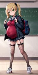 ai_generated backpack blonde_hair classroom female fishnet_legwear fishnets ponytails pregnant short_skirt