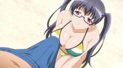 1boy beach bikini curvy curvy_figure erection erection_under_clothes eroge!_h_mo_game_mo_kaihatsu_zanmai female glasses kosaka_iori large_breasts looking_up_at_partner stitched subtitled twintails