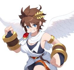 1girls ai_generated angel angel_wings blue_eyes brown_hair genderswap_(mtf) kid_icarus large_breasts nintendo pit_(kid_icarus) rule_63 spiked_hair