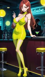 ai_generated auburn_hair bar cigarette fishnets green_eyes hoop_earrings long_hair martini