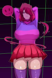 akumu_(glitchtale) background background_pattern bete_noire betty_noire brown_hair glitchtale kumu pink_eyes pink_hair pink_sweater purple_sweater pussy red_skirt short_hair skirt yazu_(artist)