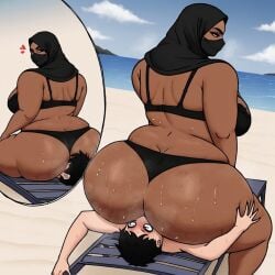 ai_generated arab_female arabian_female ass_worship black_mask civitai dominant_female enthusiastic facesitting femdom gigantic_ass hijab hijabi horny_male huge_ass huge_butt mask mature_female milf muslim muslim_female overwhelmed smaller_male surprised surprised_expression sweat sweaty_butt wide_hips younger_male