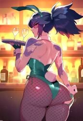 1girls ai_generated akali anemoi ass ass_focus back_view bar_(place) bunny_ears bunny_girl bunny_tail bunnysuit female hand_on_ass hand_on_butt holding_own_ass league_of_legends looking_at_viewer looking_back riot_games solo solo_female tattoo tattoos watermark