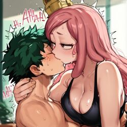 1boy 1girls ai_generated black_tank_top blush blush_lines cleavage dreadlocks female green_hair hand_on_neck izuku_midoriya kiss kissing male mei_hatsume messy_hair my_hero_academia pink_hair sweat sweatdrop sweating tank_top yellow_eyes