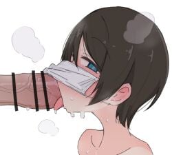 1boy ame_(amechan17391739) blue_eyes blush brown_hair fellatio fellatio_under_mask female large_penis mask mouth_mask oral penis saitou_ena short_hair simple_background steam steaming_body sweat tongue tongue_out white_background young yurucamp