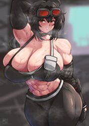 abs armpits big_breasts black_hair bra grace_howard huge_breasts hyper_breasts muscular muscular_female roneesan sweat thighs zenless_zone_zero