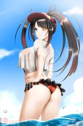 1girls ass beach bikini bikini_under_clothes black_hair breasts clouds date_a_live hair_ribbon hand_on_hip heterochromia in_water kimmy77 large_breasts looking_at_viewer midriff ocean outside red_bikini red_eyes red_swimsuit shirt sky swimsuit swimsuit_under_clothes tokisaki_kurumi twintails visor_cap water white_shirt yellow_eyes