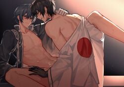 2boys absurdres black_gloves black_hair blue_hair blush commentary_request cum cum_on_body cum_on_stomach dual_persona eye_contact gloves hand_on_another's_shoulder highres japanese_clothes japanese_flag kaito_(vocaloid) kazenemuri leg_up looking_at_another male_focus missionary multiple_boys nipples parted_lips partially_undressed pectorals project_diva_(series) rei_no_sakura_shirayuki_(module) rei_no_sakura_sousetsu_(module) selfcest senbonzakura_(vocaloid) sex sweat toned toned_male vocaloid white_gloves yaoi