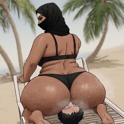 ai_generated arab_female arabian_female ass_worship black_mask civitai dominant_female facesitting femdom gigantic_ass hijab hijabi horny_male huge_ass huge_butt mask mature_female milf muslim muslim_female smaller_male sweat sweaty_butt wide_hips younger_male