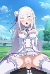 ahe_gao ai_generated aivime big_breasts breasts breasts_out cowgirl_position cum_in_pussy emilia_(re:zero) natsuki_subaru nipples pov public_sex purple_eyes re:zero_kara_hajimeru_isekai_seikatsu sex vagina vaginal_penetration vaginal_penetration vaginal_sex white_background