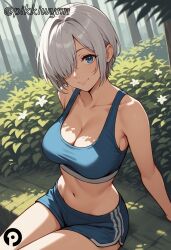 ai_generated angel_(kof) bangs bare_arms bare_shoulders blue_eyes blue_shorts breasts cleavage closed_mouth collarbone crop_top day dolphin_shorts female flower grey_hair hair_over_one_eye king_of_fighters large_breasts looking_at_viewer midriff navel outdoors pikkiwynn short_hair short_shorts shorts sitting smile solo sports_bra stomach thighs white_hair
