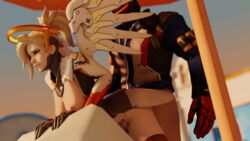 1boy 1girls 3d 3d_(artwork) angela_ziegler bent_over biting_lip blizzard_entertainment blonde_hair breasts exposed_breasts female from_behind hanging_breasts male mercy nipples orientation_play overwatch penetration ponytail quilsfm sex sex_from_behind soldier_76 straight